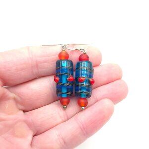 Sterling Silver Blue And Red Glass Earrings A323